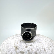 Load image into Gallery viewer, Spiral shell silver textured adjustable ring oxidised silver