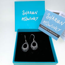 Load image into Gallery viewer, Oxidised Prussia Cove limpet drop earrings