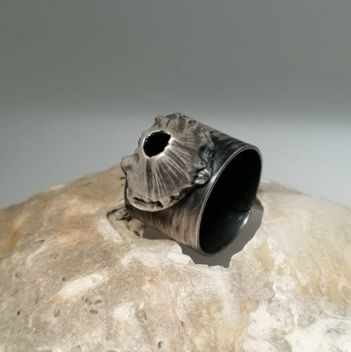 Barnacle adjustable ring in oxidised silver handmade by Sharon McSwiney