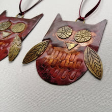 Load image into Gallery viewer, copper owl decorations handmade by Sharon McSwiney