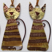 Load image into Gallery viewer, Striped brass cat decorations handmade by Sharon McSwiney
