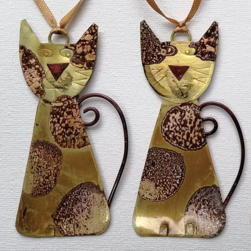 Spotty brass cat handmade decoration by Sharon McSwiney
