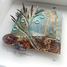 Load image into Gallery viewer, metal Godrevy lighthouse handmade framed artwork by Sharon McSwiney