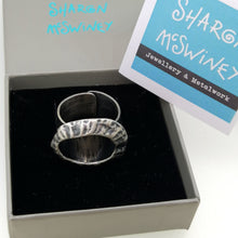 Load image into Gallery viewer, Limpet ring with Marazion limpet shell in oxidised silver handmade by Sharon McSwiney in gift box