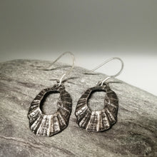 Load image into Gallery viewer, Marazion limpet shell oxidised silver drop earrings handmade by Sharon McSwiney