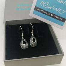 Load image into Gallery viewer, Tiny Marazion limpet drops in oxidised silver handmade by Sharon McSwiney in a gift box
