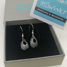 Load image into Gallery viewer, Tiny Marazion limpet drops in oxidised silver handmade by Sharon McSwiney in a gift box