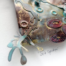 Load image into Gallery viewer, Sea garden picture with crab, seaweed, limpet metalwork handmade by Sharon McSwiney