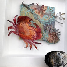 Load image into Gallery viewer, Metalwork sea garden picture with copper crab handmade by Sharon McSwiney