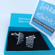 Load image into Gallery viewer, Oxidised Silver Handmade Textured Porthmeor Beach Cuff links by Sharon McSwiney, St Ives gift boxed
