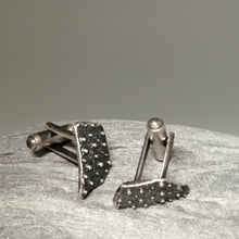 Load image into Gallery viewer, Oxidised sterling silver sea urchin beach find fragment handmade cuff links by Sharon McSwiney