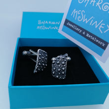 Load image into Gallery viewer, Oxidised sterling silver sea urchin beach find fragment handmade cuff links by Sharon McSwiney  in gift box