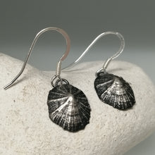 Load image into Gallery viewer, Oxidised small Marazion limpet shell drop earrings handmade by Sharon  McSwiney