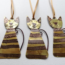 Load image into Gallery viewer, Striped brass cat decorations handmade by Sharon McSwiney