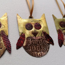 Load image into Gallery viewer, Brass owl decorations handmade by Sharon McSwiney