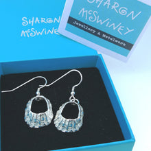 Load image into Gallery viewer, Godrevy limpet shell silver drop earrings handmade by Sharon McSwiney in a gift box
