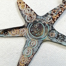 Load image into Gallery viewer, starfish in etched brass with verdigris effect handmade by Sharon McSwiney