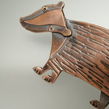 Load image into Gallery viewer, badger brooch in a copper finish handmade by Sharon McSwiney in a gift box