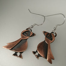 Load image into Gallery viewer, puffin drop earrings in a copper finish handmade by Sharon McSwiney

