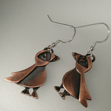 Load image into Gallery viewer, puffin drop earrings in a copper finish handmade by Sharon McSwiney