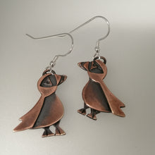 Load image into Gallery viewer, puffin drop earrings in a copper finish handmade by Sharon McSwiney