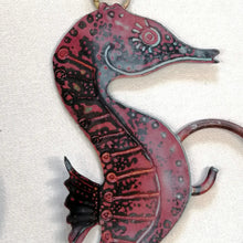 Load image into Gallery viewer, copper seahorse hanging decoration handmade by Sharon McSwiney