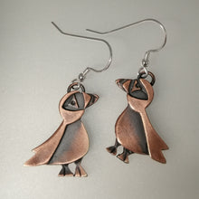 Load image into Gallery viewer, puffin drop earrings in a copper finish handmade by Sharon McSwiney