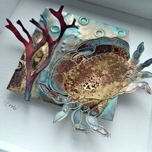 Load image into Gallery viewer, Crab in brass with copper seaweed framed metalwork handmade by Sharon McSwiney