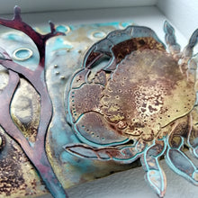 Load image into Gallery viewer, Crab in brass with copper seaweed framed handmade by Sharon McSwiney