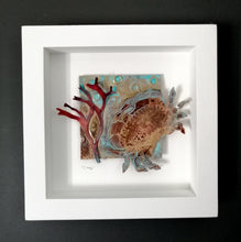Load image into Gallery viewer, Crab in brass with copper seaweed framed metalwork handmade by Sharon McSwiney