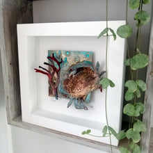 Load image into Gallery viewer, Crab in brass with copper seaweed framed metalwork handmade by Sharon McSwiney