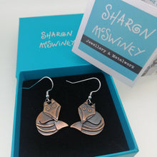 Load image into Gallery viewer, Fox earrings in a copper finish with silver hooks handmade by Sharon McSwiney in a gift box
