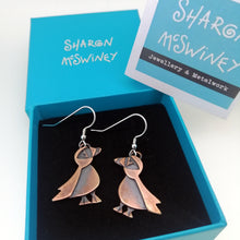 Load image into Gallery viewer, puffin drop earrings in a copper finish handmade by Sharon McSwiney in a gift box
