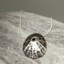 Load image into Gallery viewer, Oxidised Sennen Cove Limpet pendant necklace handmade by Sharon McSwiney, St Ives
