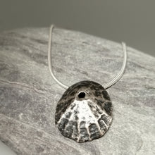 Load image into Gallery viewer, Oxidised Sennen Cove Limpet pendant necklace handmade by Sharon McSwiney, St Ives