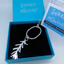 Load image into Gallery viewer, long seaweed frond silver necklace handmade by Sharon McSwiney in a gift box
