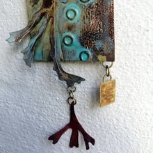 Load image into Gallery viewer, Metalwork wall panel with 3 sections featuring seaweed, a seahorse & mermaids purse handmade by Sharon McSwiney