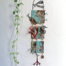 Load image into Gallery viewer, Metalwork wall panel with 3 sections featuring seaweed, a seahorse & mermaids purse handmade by Sharon McSwiney