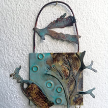 Load image into Gallery viewer, Metalwork wall panel with 3 sections featuring seaweed, a seahorse & mermaids purse handmade by Sharon McSwiney