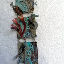 Load image into Gallery viewer, Metalwork wall panel with 3 sections featuring seaweed, a seahorse & mermaids purse handmade by Sharon McSwiney
