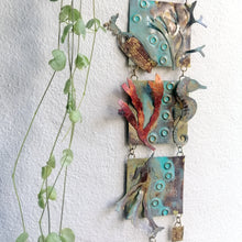 Load image into Gallery viewer, Metalwork wall panel with 3 sections featuring seaweed, a seahorse & mermaids purse handmade by Sharon McSwiney