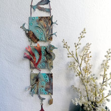 Load image into Gallery viewer, Metalwork wall panel with 3 sections featuring seaweed, a seahorse & mermaids purse handmade by Sharon McSwiney