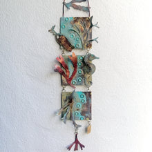 Load image into Gallery viewer, Metalwork wall panel with 3 sections featuring seaweed, a seahorse & mermaids purse handmade by Sharon McSwiney