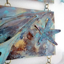 Load image into Gallery viewer, Metalwork long wall panel in copper & brass featuring starfish with seaweed handmade by Sharon McSwiney