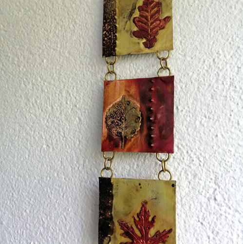 Mini panel with leaf decorations in copper & brass handmade by Sharon McSwiney