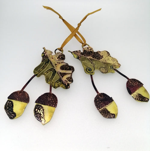 Oak leaf & Acorns decoration in brass and copper handmade by Sharon McSwiney 