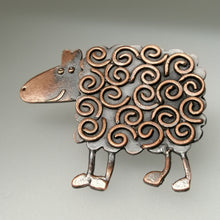 Load image into Gallery viewer, copper coloured sheep brooch with swirly pattern handmade by Sharon McSwiney
