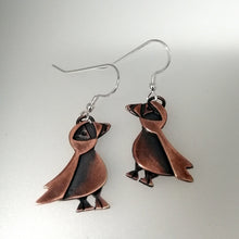 Load image into Gallery viewer, puffin drop earrings in a copper finish handmade by Sharon McSwiney