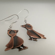 Load image into Gallery viewer, puffin drop earrings in a copper finish handmade by Sharon McSwiney