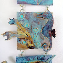 Load image into Gallery viewer, Metalwork long wall panel in copper & brass featuring seahorse with seaweed handmade by Sharon McSwiney